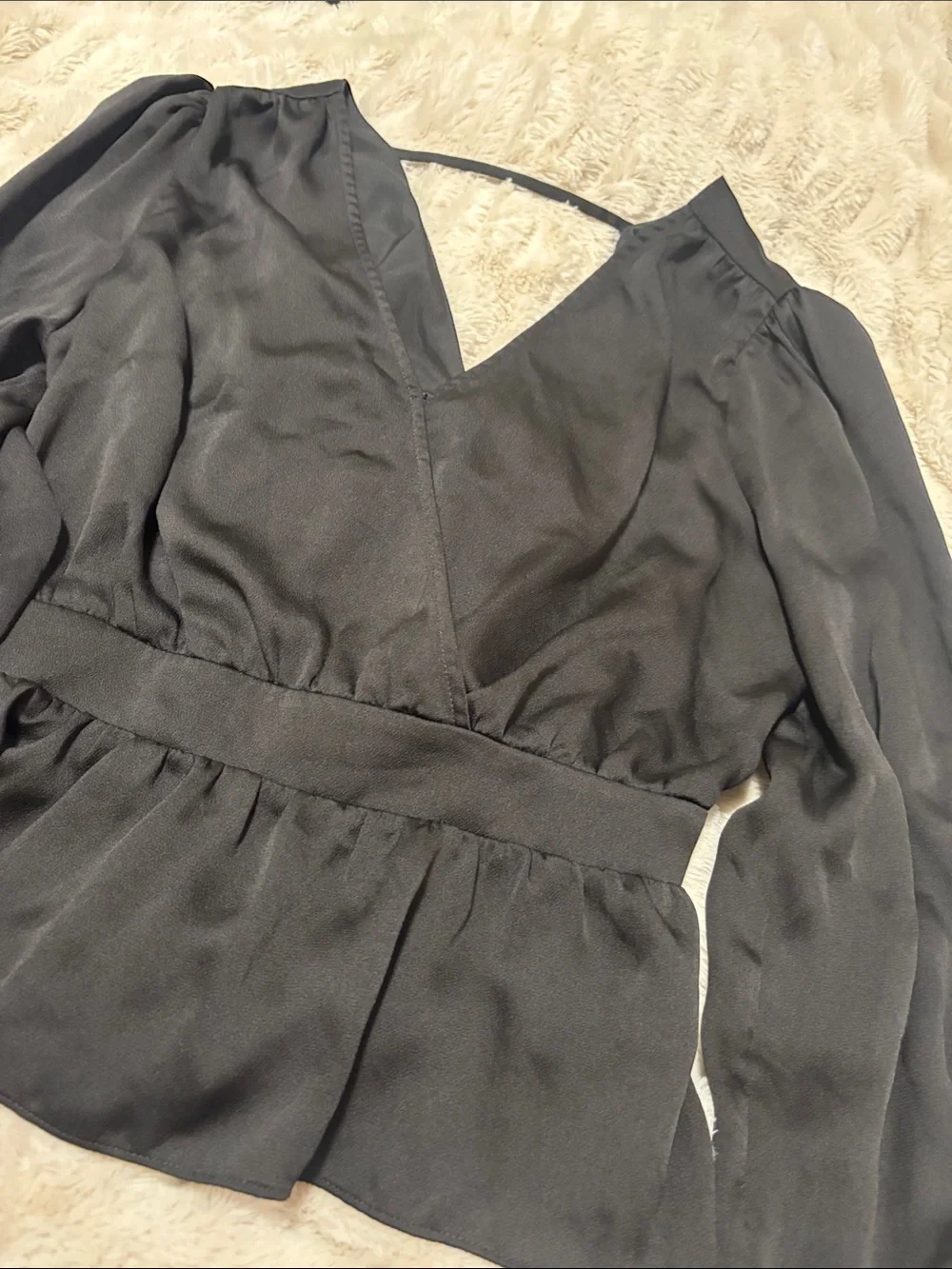 Express Black V-Neck Peplum Blouse with Puff Sleeves